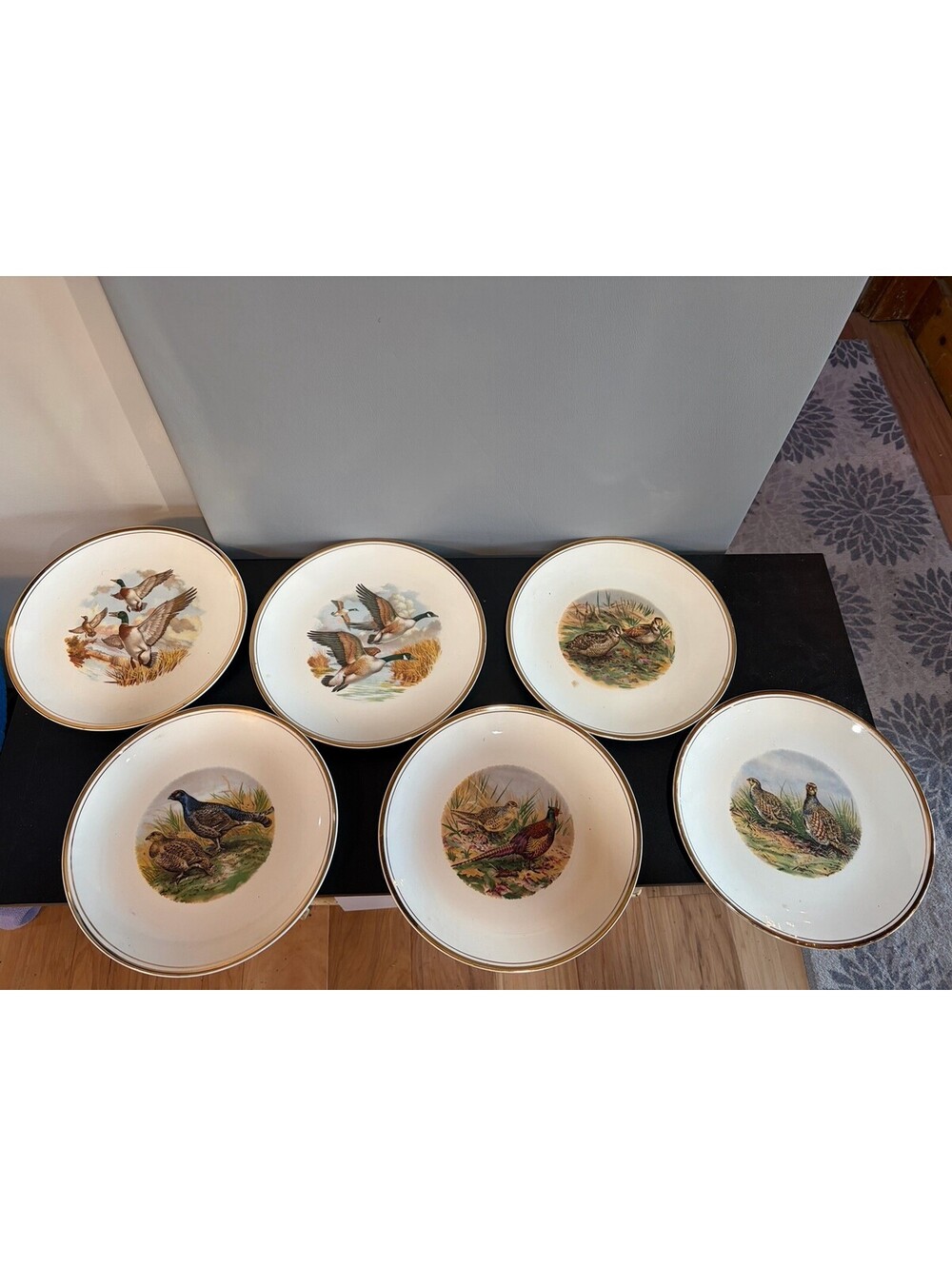 Vintage Game Bird Plates 10" Liverpool Rd Pottery England Gold  Rim  - LOT OF 6
